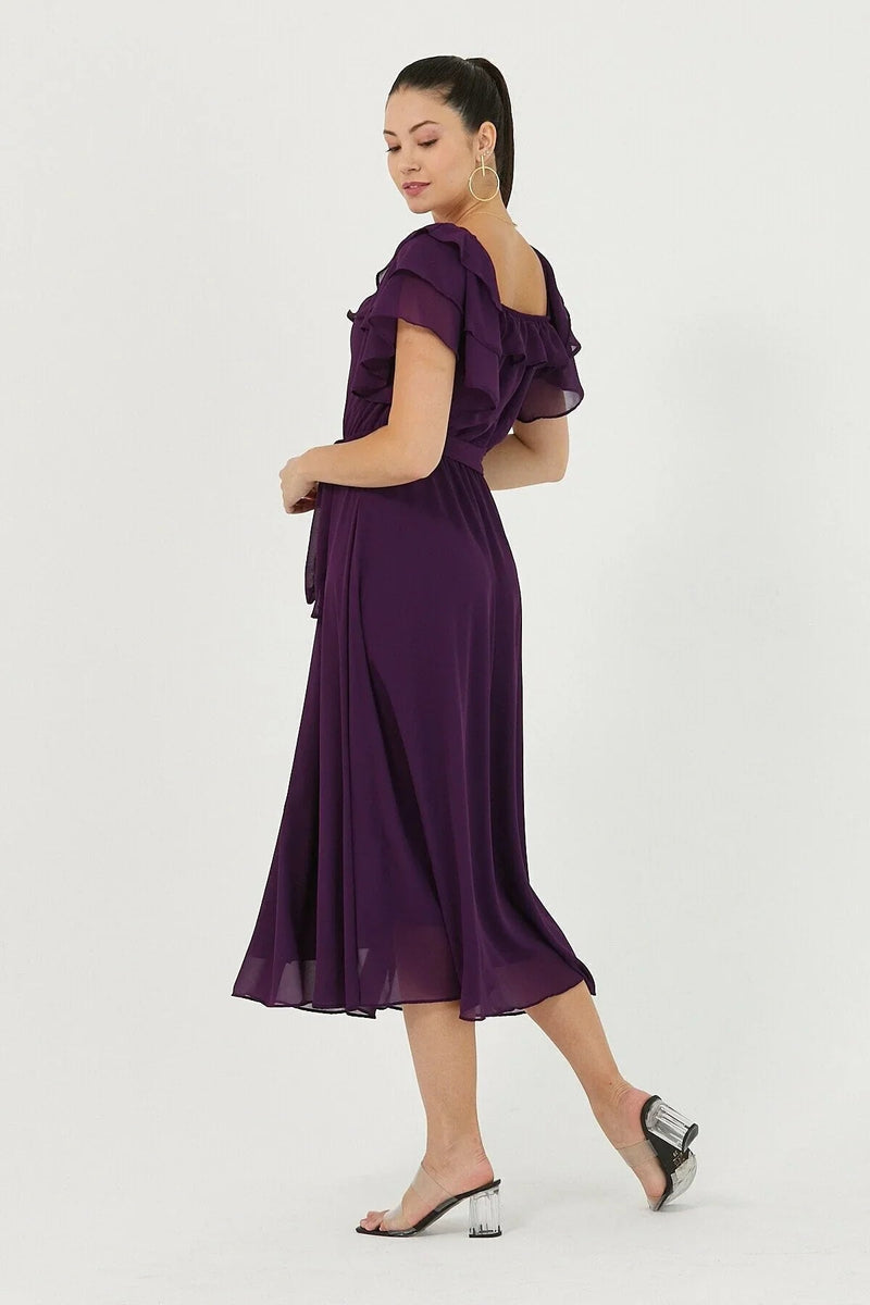 Women's Purple Ruffled Madonna Collar Plus Size Chiffon Dress