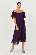 Purple Ruffled Madonna Collar Plus Size Chiffon Dress