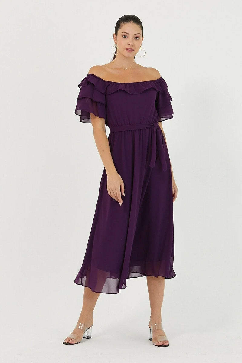 Women's Purple Ruffled Madonna Collar Plus Size Chiffon Dress