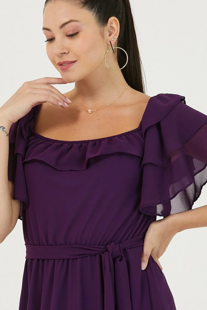 Women's Purple Ruffled Madonna Collar Plus Size Chiffon Dress