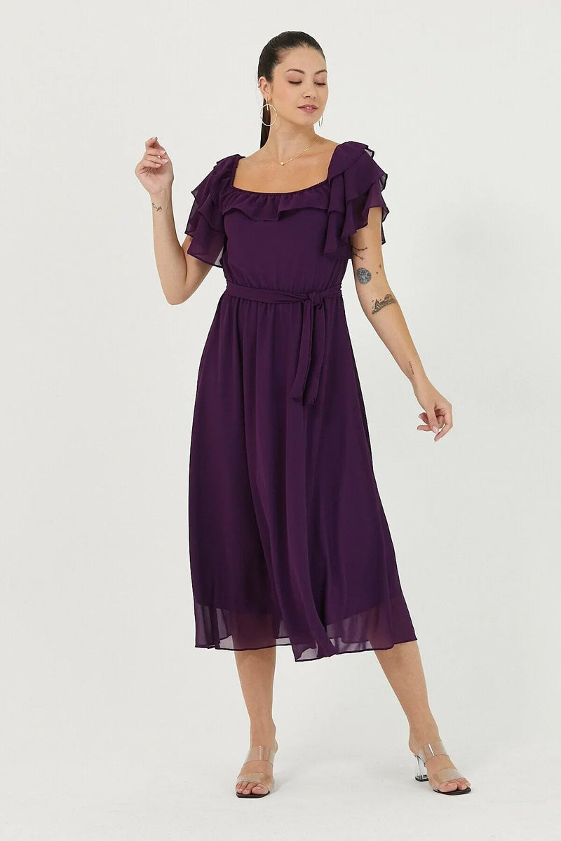 Women's Purple Ruffled Madonna Collar Plus Size Chiffon Dress