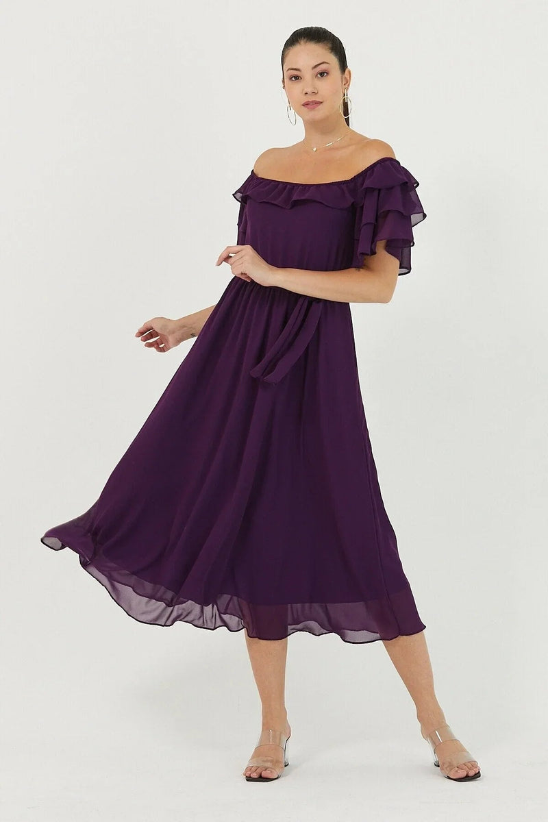 Women's Purple Ruffled Madonna Collar Plus Size Chiffon Dress