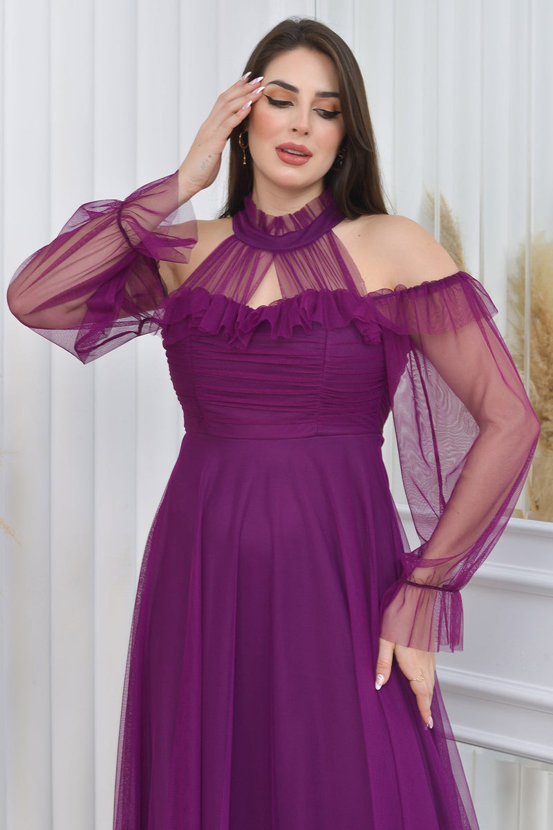 Purple Maxi Sleeveless Tulle Evening Dress