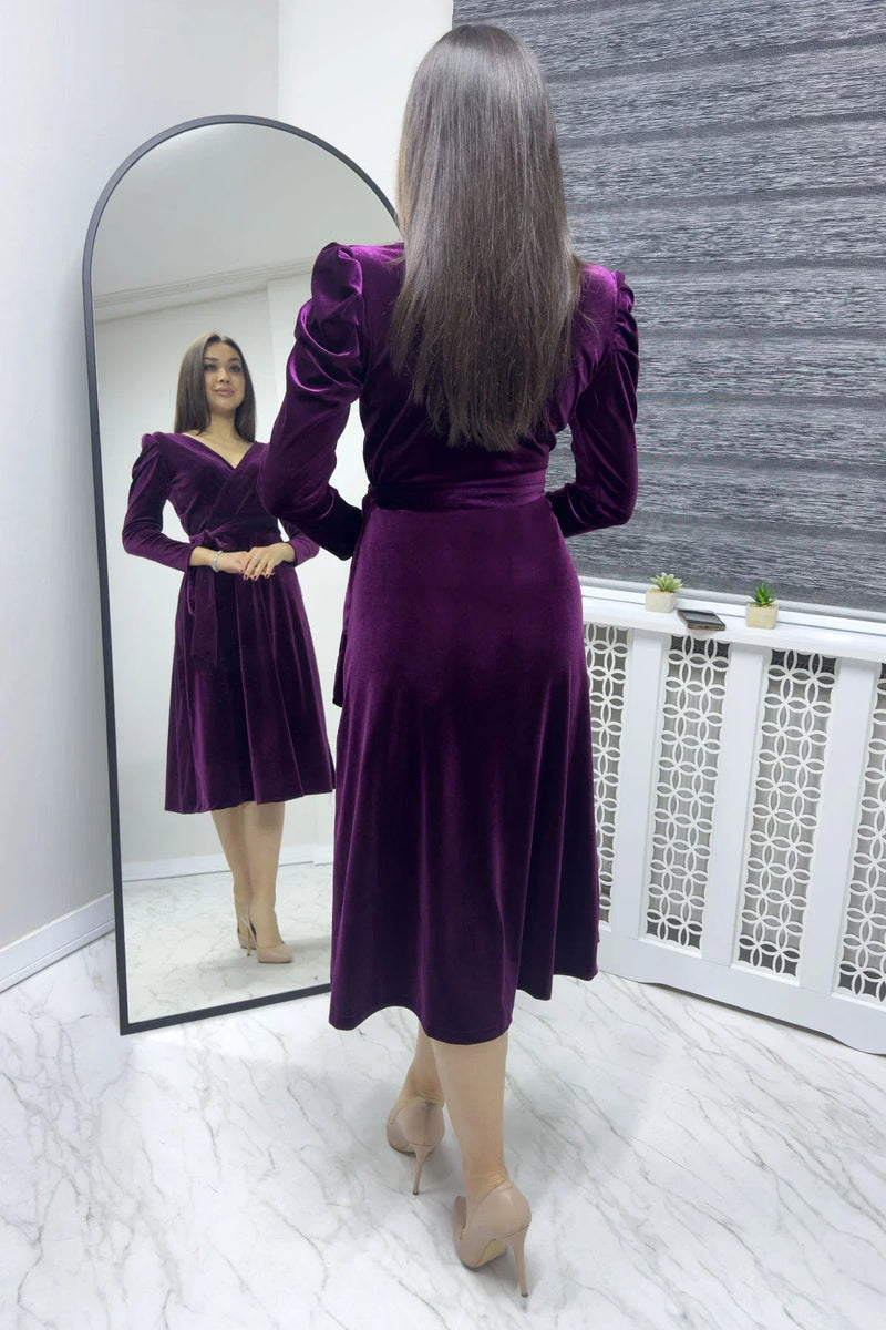 Women's Plum Karpuz Sleeve Wrap Velvet Belted Plus Size Dress