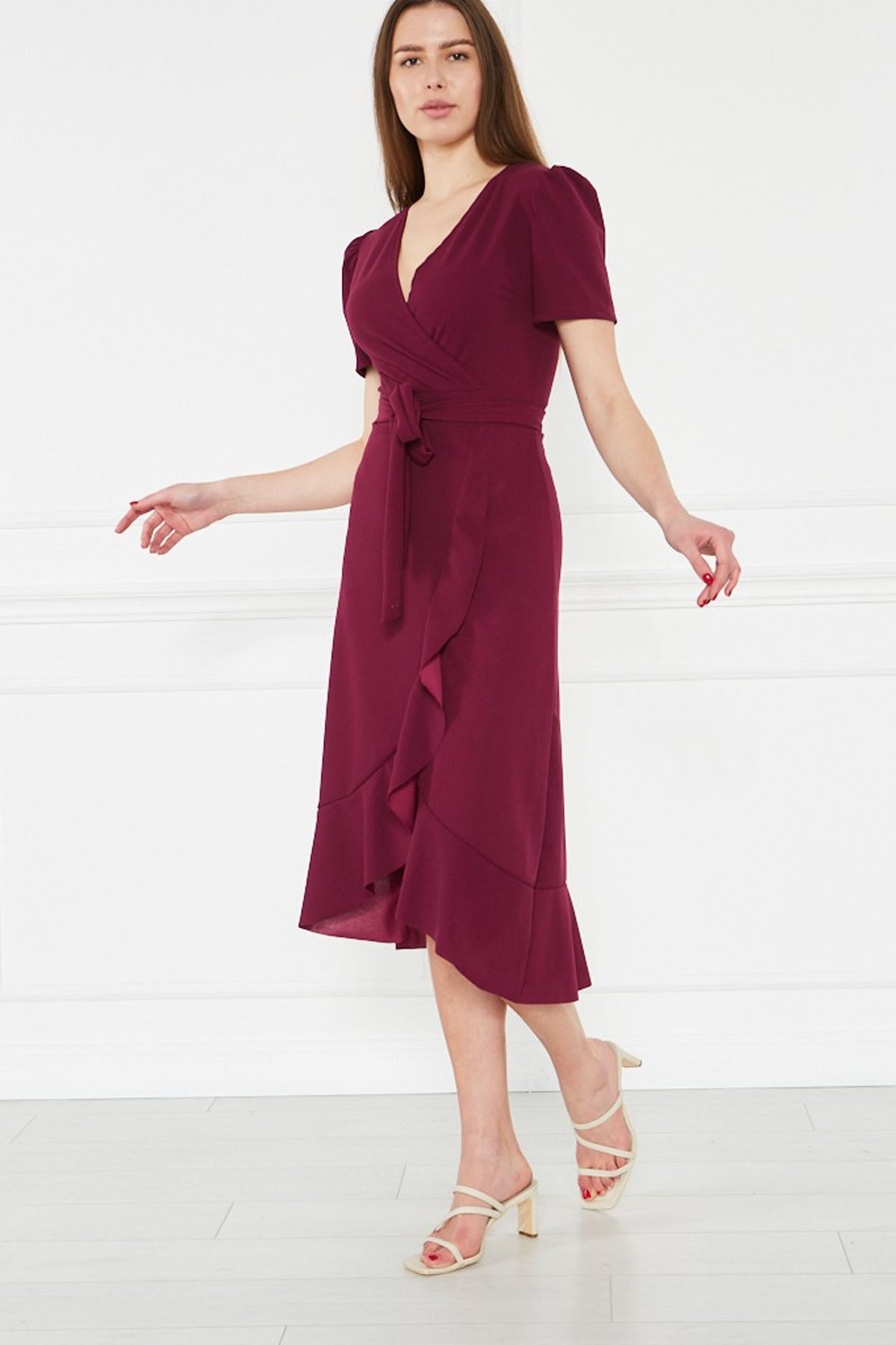 Women's Plum Short Karpuz Sleeve Wrap Belted Plus Size Dress