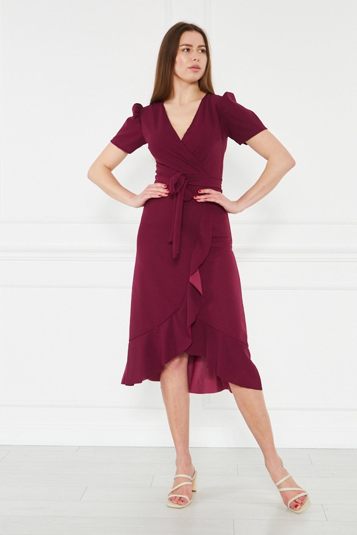 Women's Plum Short Karpuz Sleeve Wrap Belted Plus Size Dress
