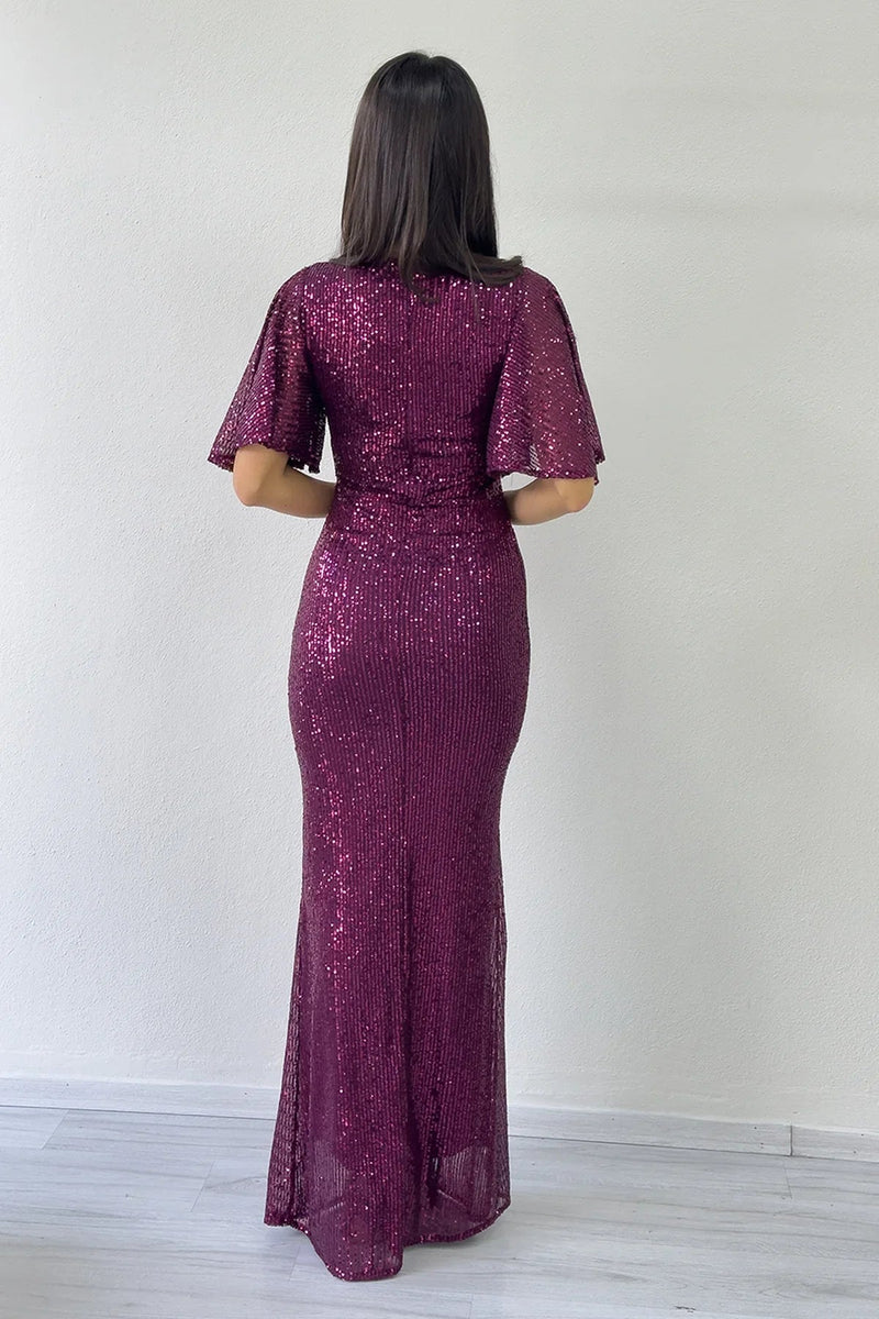 Women's Plum Volan Sleeve Sequin Mermaid Evening Gown