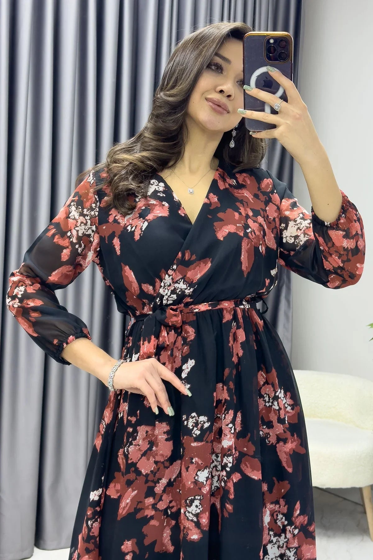 Women's Nar Çiçeği Patterned Balloon Sleeve Wrap Midi Chiffon Dress - the ZKS