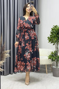 Pomegranate Blossom Patterned Midi Chiffon Dress