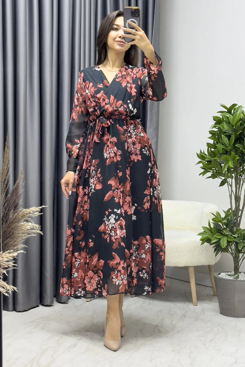 Women's Nar Çiçeği Patterned Wrap Neck Chiffon Plus Size Dress