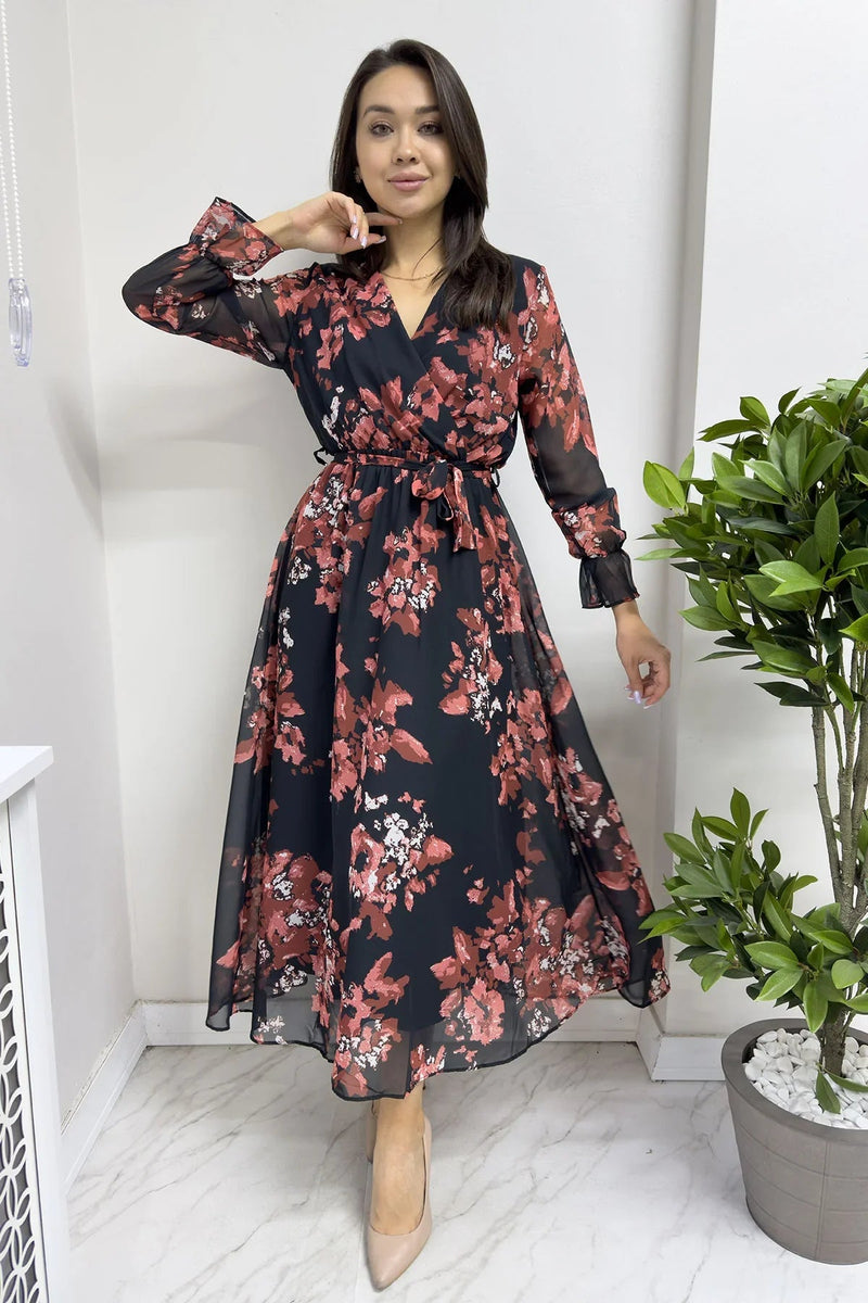 Women's Nar Çiçeği Patterned Wrap Neck Chiffon Plus Size Dress