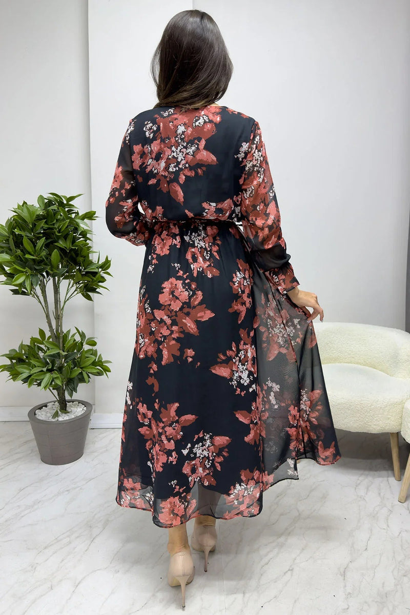Women's Nar Çiçeği Patterned Wrap Neck Chiffon Plus Size Dress