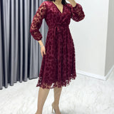 Burgundy Midi Daisy Flock Print Dress