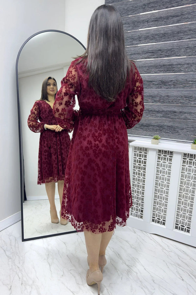 Women's Burgundy Daisy Detail Flocked Print Plus Size Dress