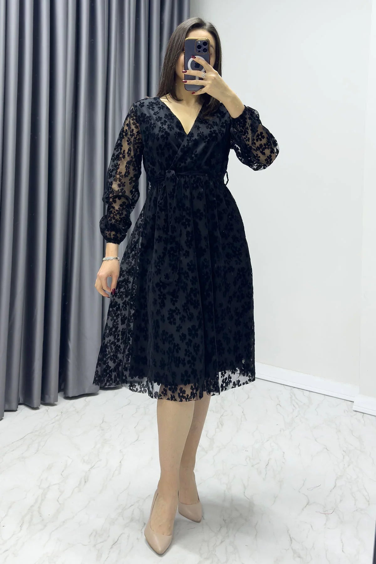 Women's Black Daisy Detail Flocked Print Plus Size Dress