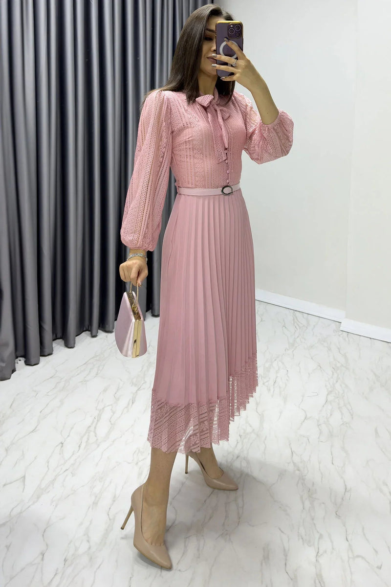 Women's Pink Halter Tie Fransız Güpür Piliseli Evening Gown