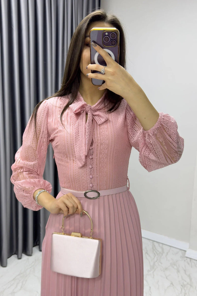 Women's Pink Halter Tie Fransız Güpür Piliseli Evening Gown