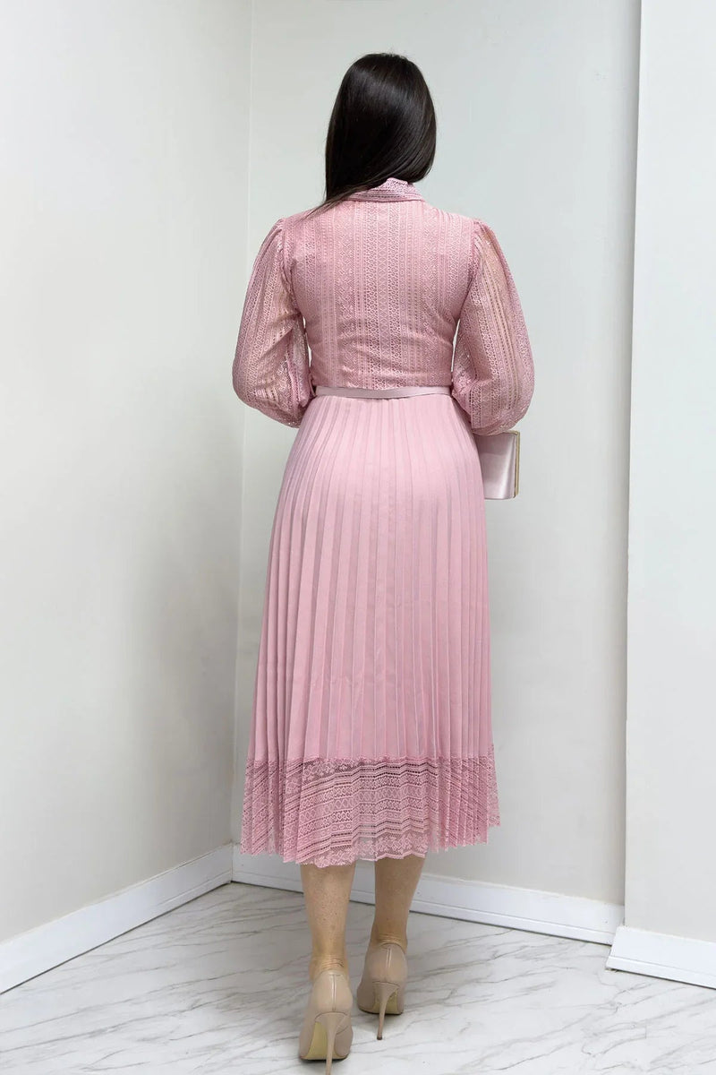 Women's Pink Halter Tie Fransız Güpür Piliseli Evening Gown