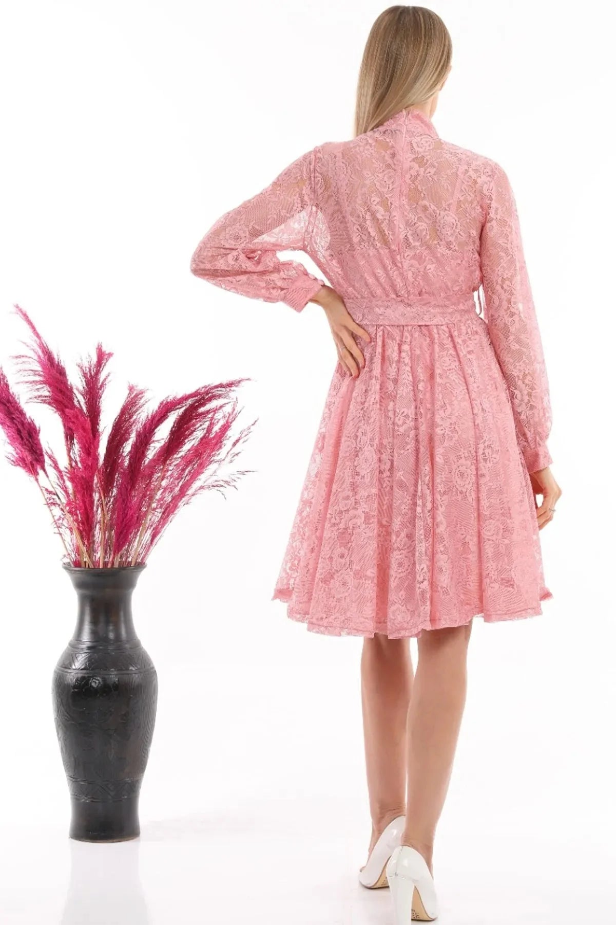 Women's Pink Fransız Güpür Buttoned Plus Size Evening Gown