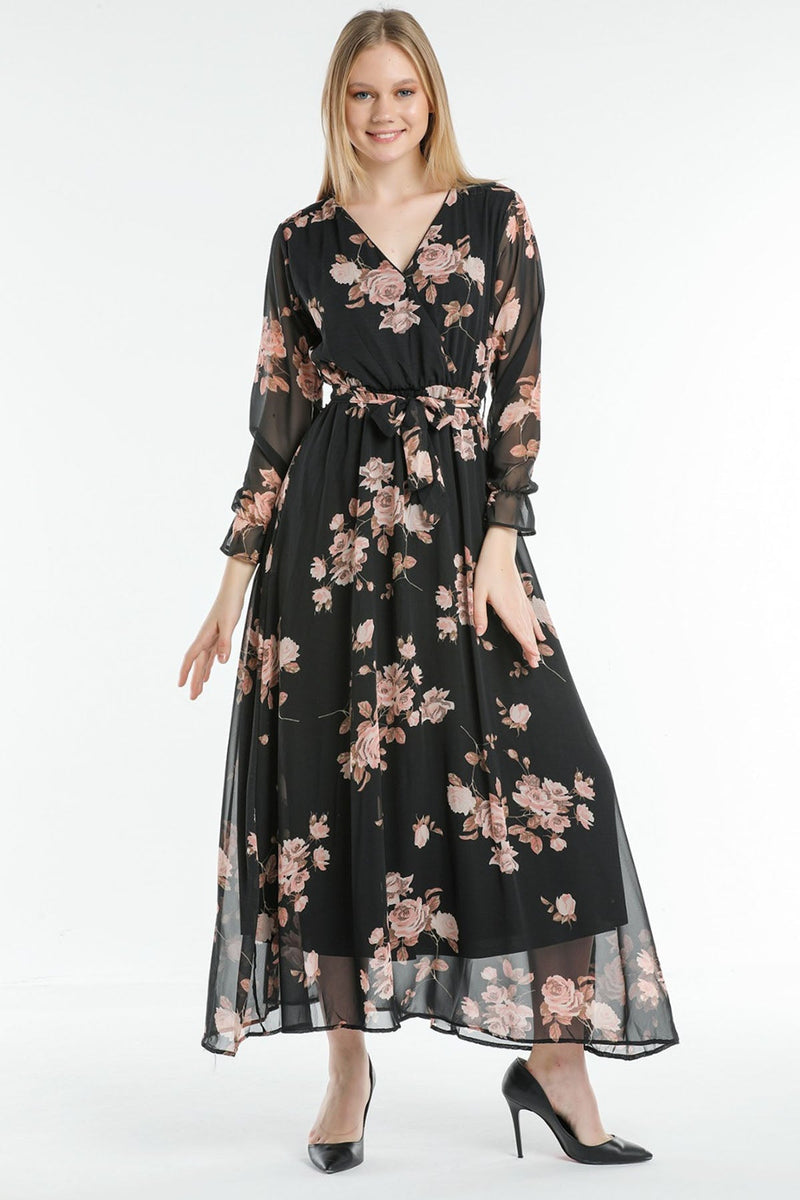 Women's Pink Rose Patterned Wrap Neck Chiffon Plus Size Dress