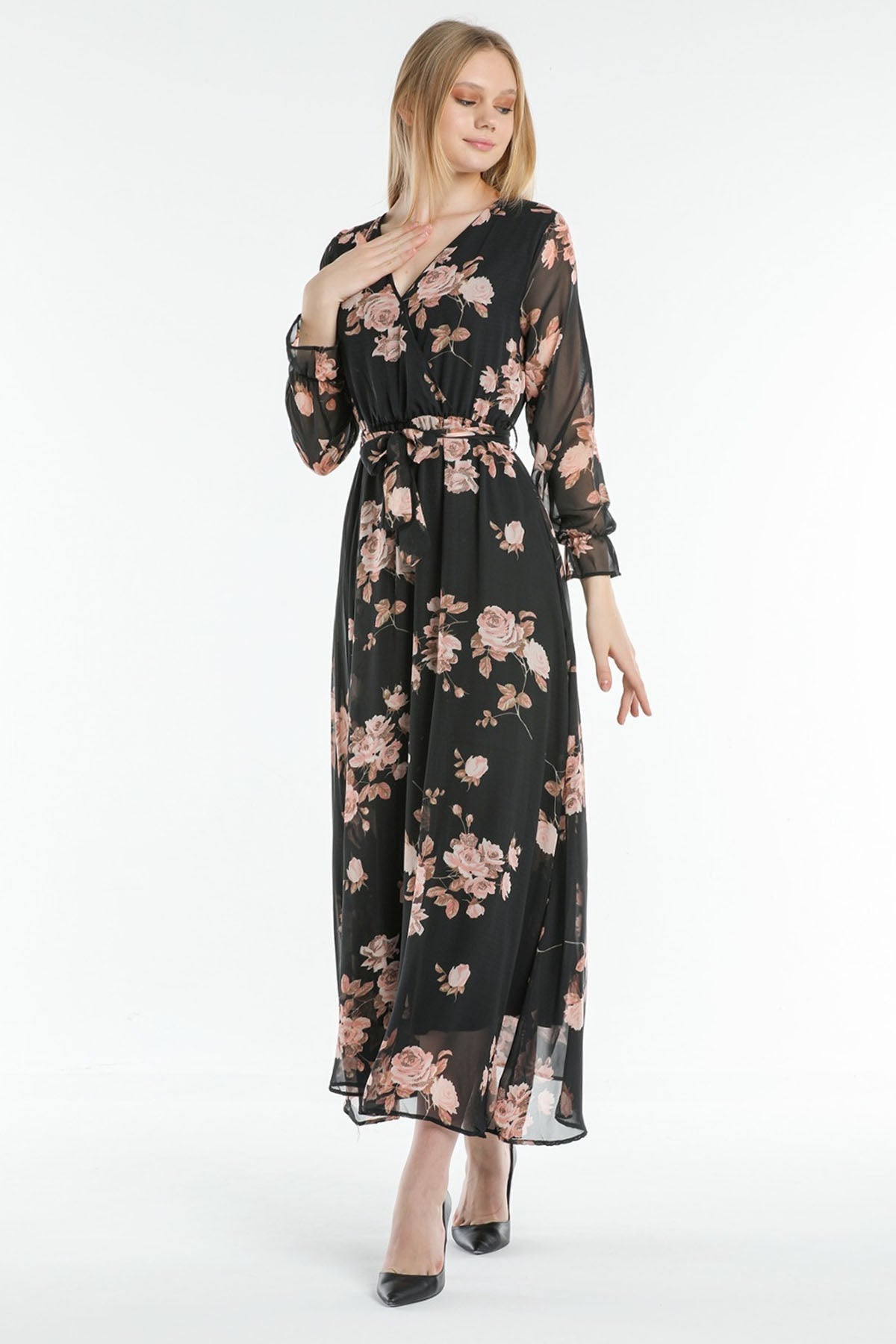 Women's Pink Rose Patterned Wrap Neck Chiffon Plus Size Dress