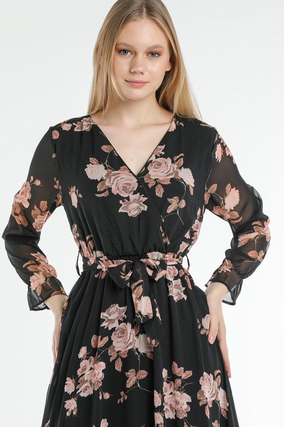 Women's Pink Rose Patterned Wrap Neck Chiffon Plus Size Dress
