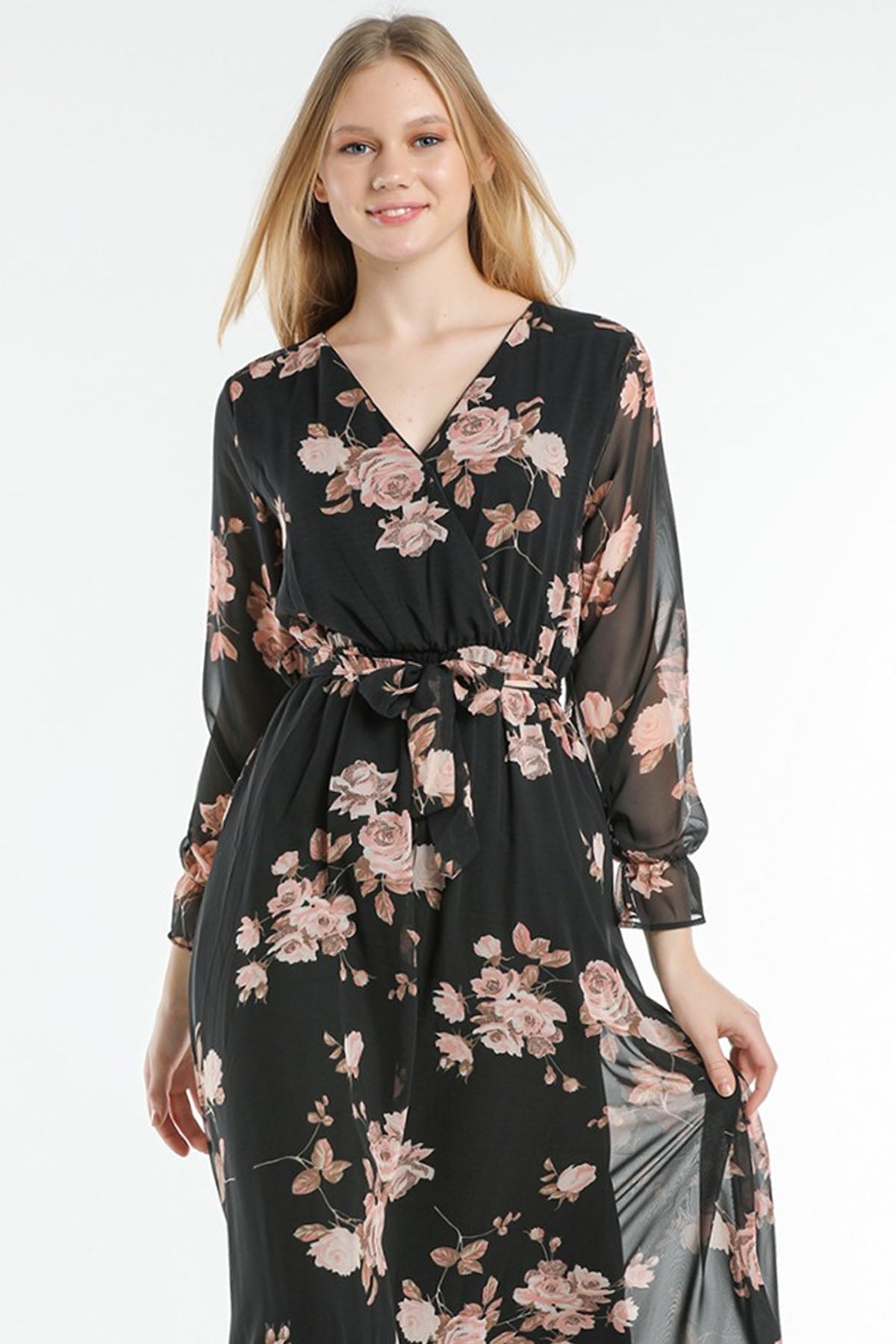 Women's Pink Rose Patterned Wrap Neck Chiffon Plus Size Dress