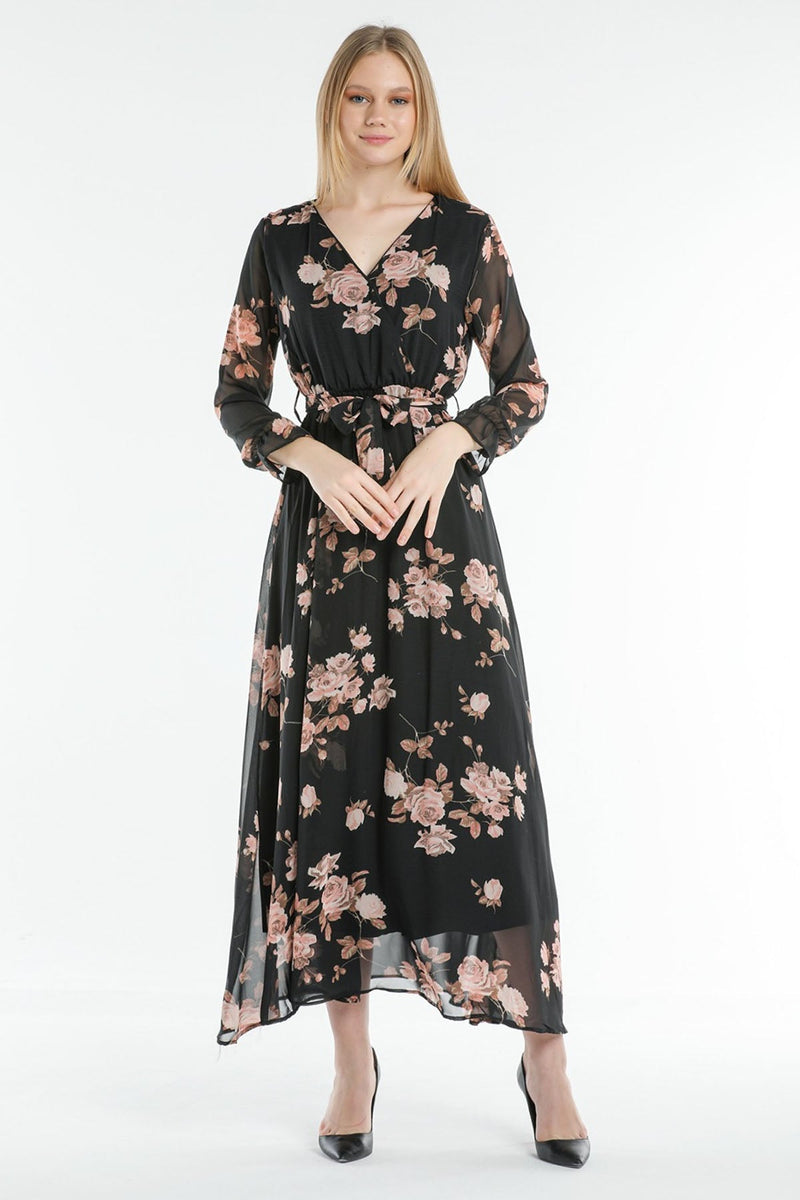 Women's Pink Rose Patterned Wrap Neck Chiffon Plus Size Dress