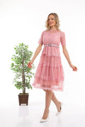 Pink Short Sleeve Guipure Evening Dress