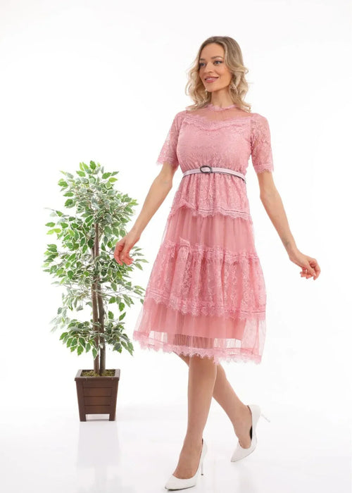 Pink Short Sleeve Guipure Evening Dress