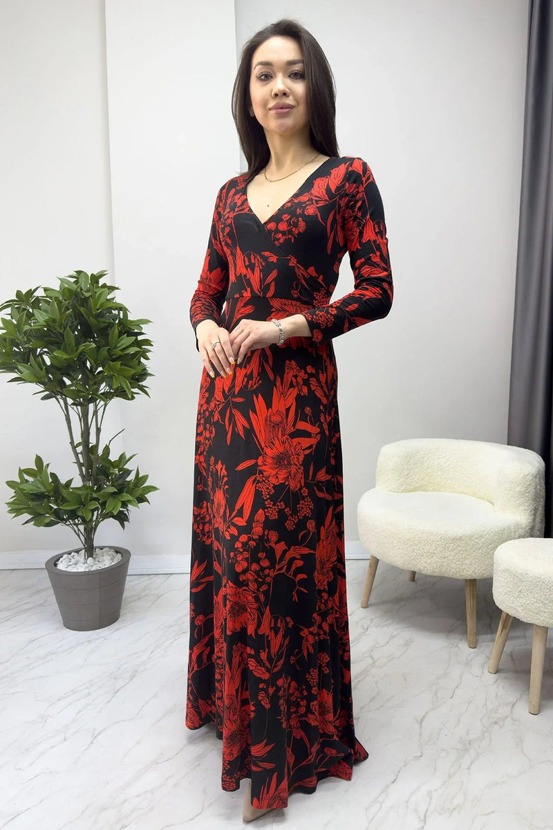 Women's Black Long Sleeve Dokuma Viskon Dress