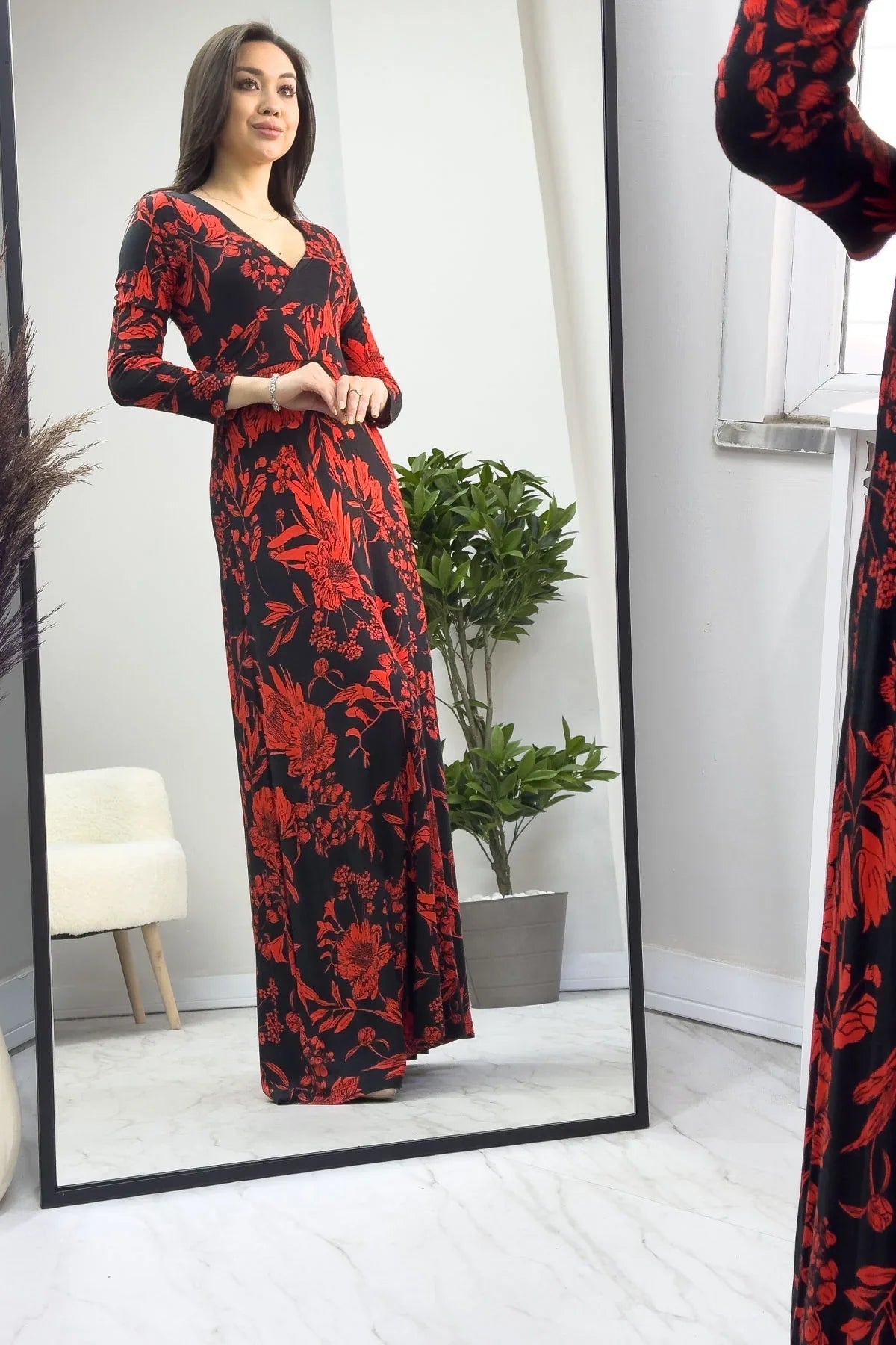 Women's Black Long Sleeve Dokuma Viskon Dress