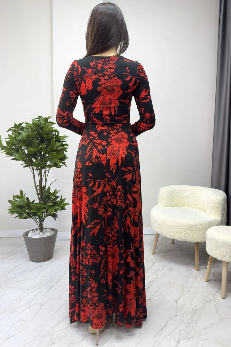 Women's Black Long Sleeve Dokuma Viskon Dress