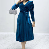 Petrol Blue Midi Length Velvet Dress