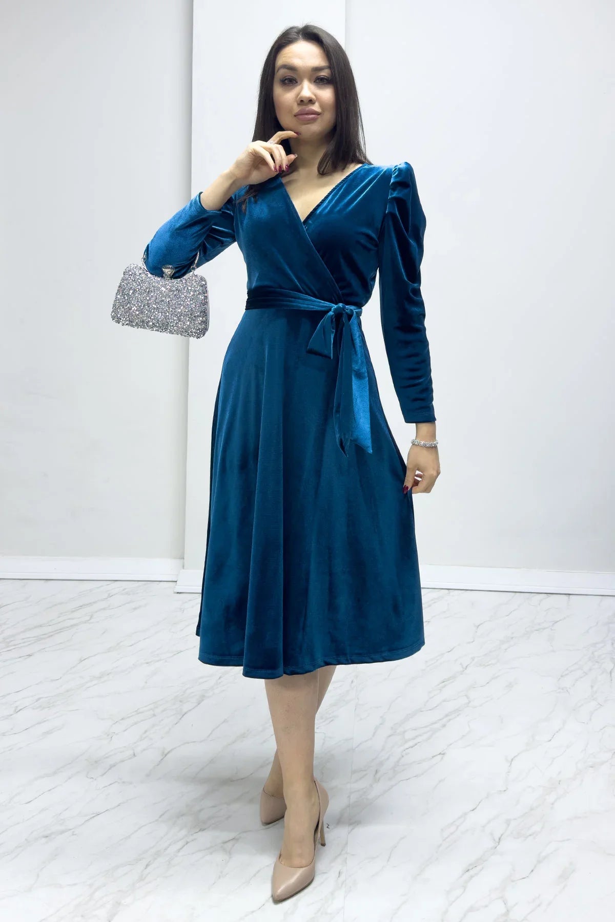 Women's Petrol Blue Karpuz Sleeve Wrap Velvet Belted Plus Size Dress