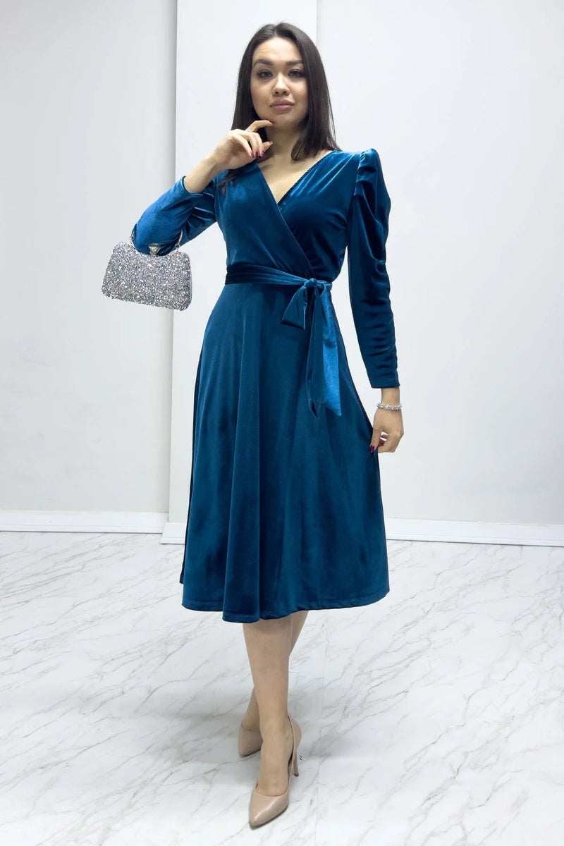 Women's Petrol Blue Karpuz Sleeve Wrap Velvet Belted Plus Size Dress