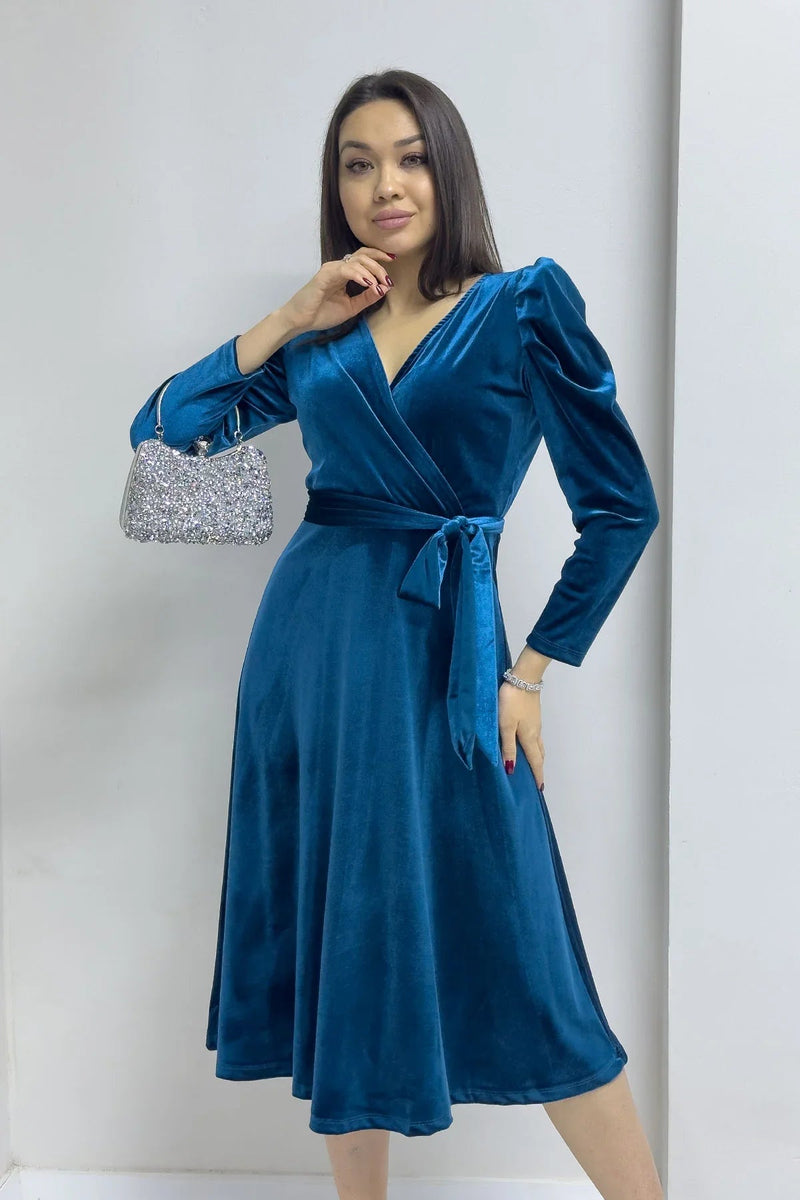 Women's Petrol Blue Karpuz Sleeve Wrap Velvet Belted Plus Size Dress