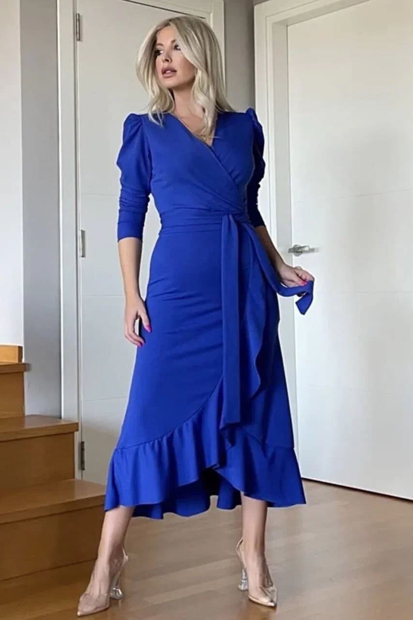 Women's Saxe Karpuz Sleeve Wrap Crepe Belted Plus Size Ruffled Dress