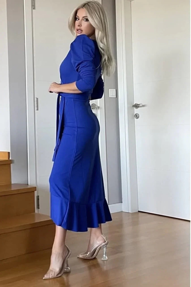 Women's Saxe Karpuz Sleeve Wrap Crepe Belted Plus Size Ruffled Dress