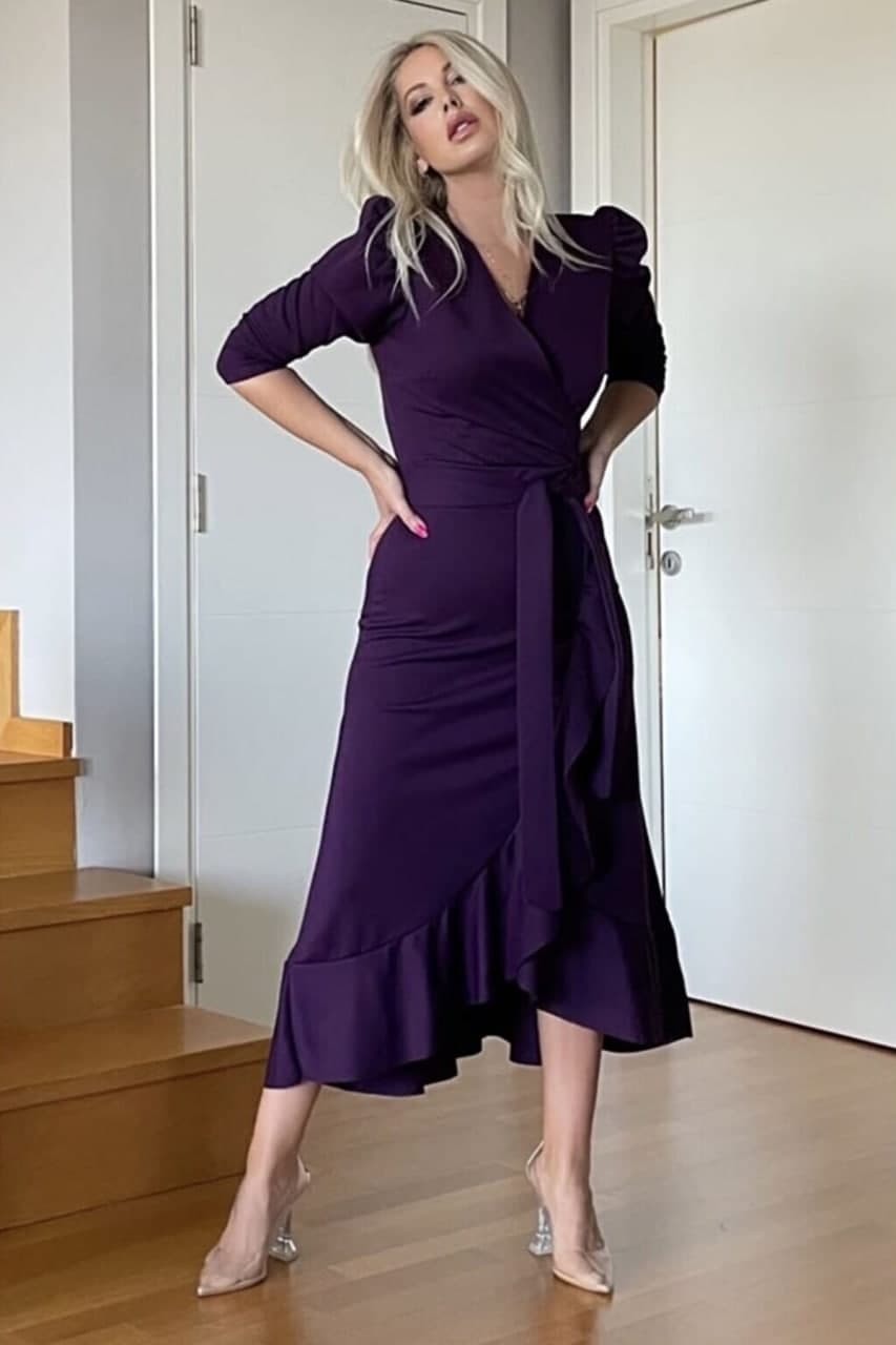 Women's Purple Karpuz Sleeve Wrap Crepe Belted Plus Size Ruffled Dress