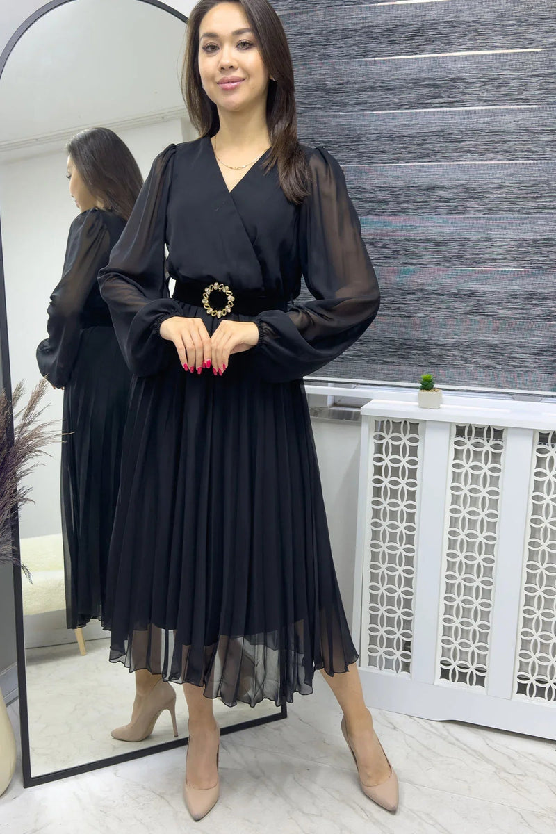 Women's Black Piliseli Midi Belted Chiffon Dress
