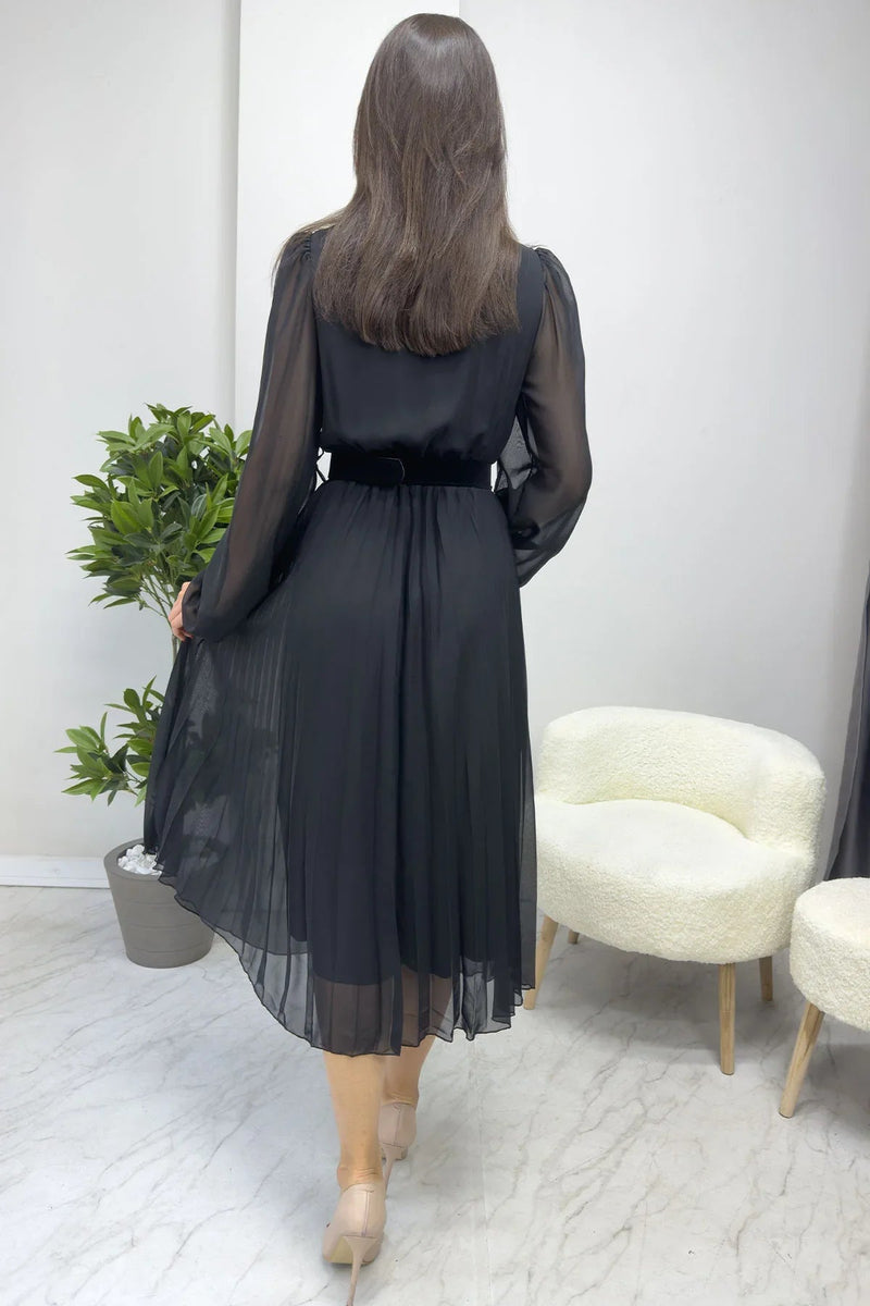 Women's Black Piliseli Midi Belted Chiffon Dress