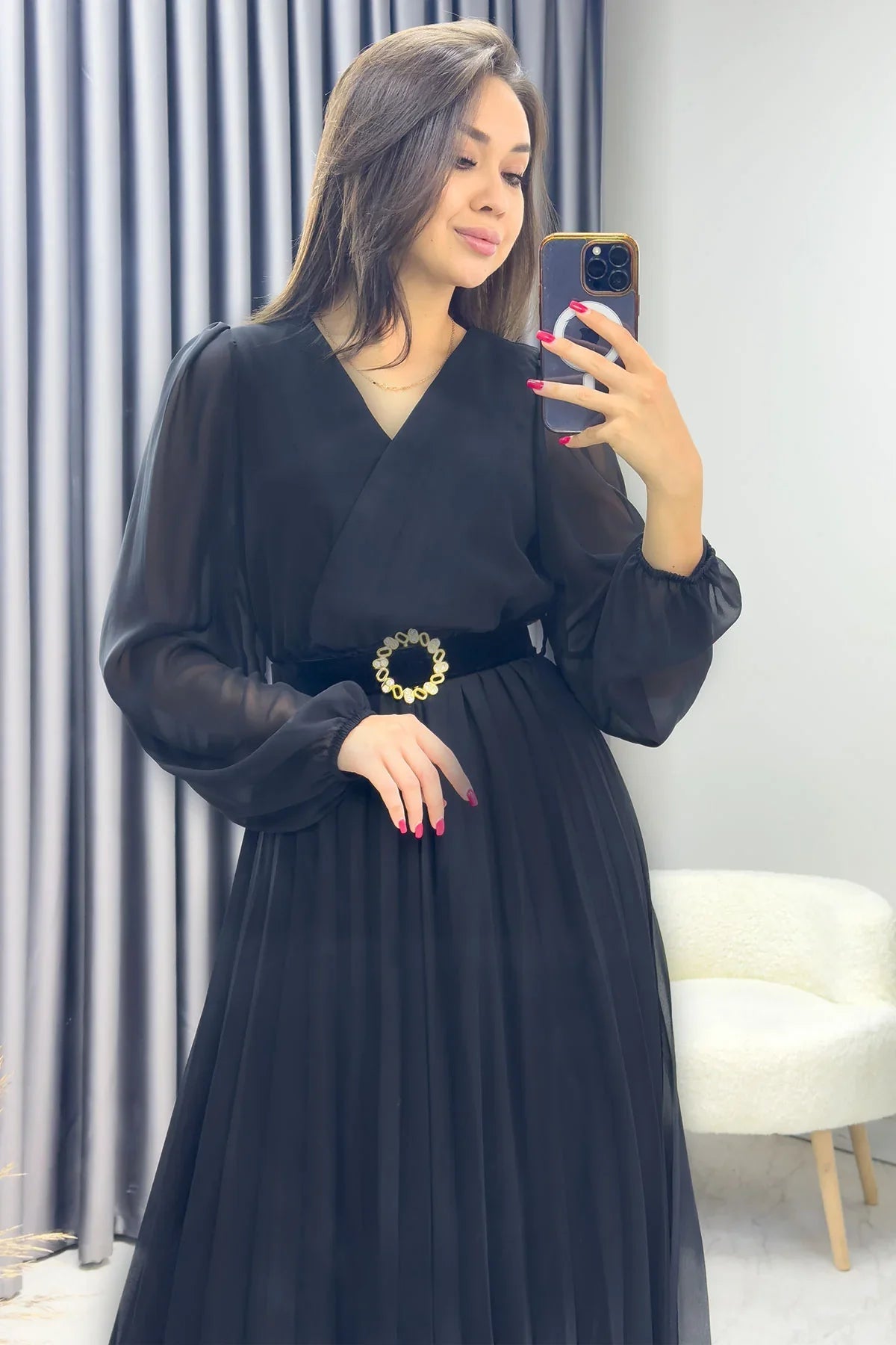 Women's Black Piliseli Midi Belted Chiffon Dress