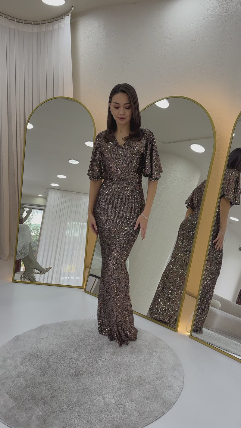 Women's Mink Volan Sleeve Sequin Mermaid Evening Gown