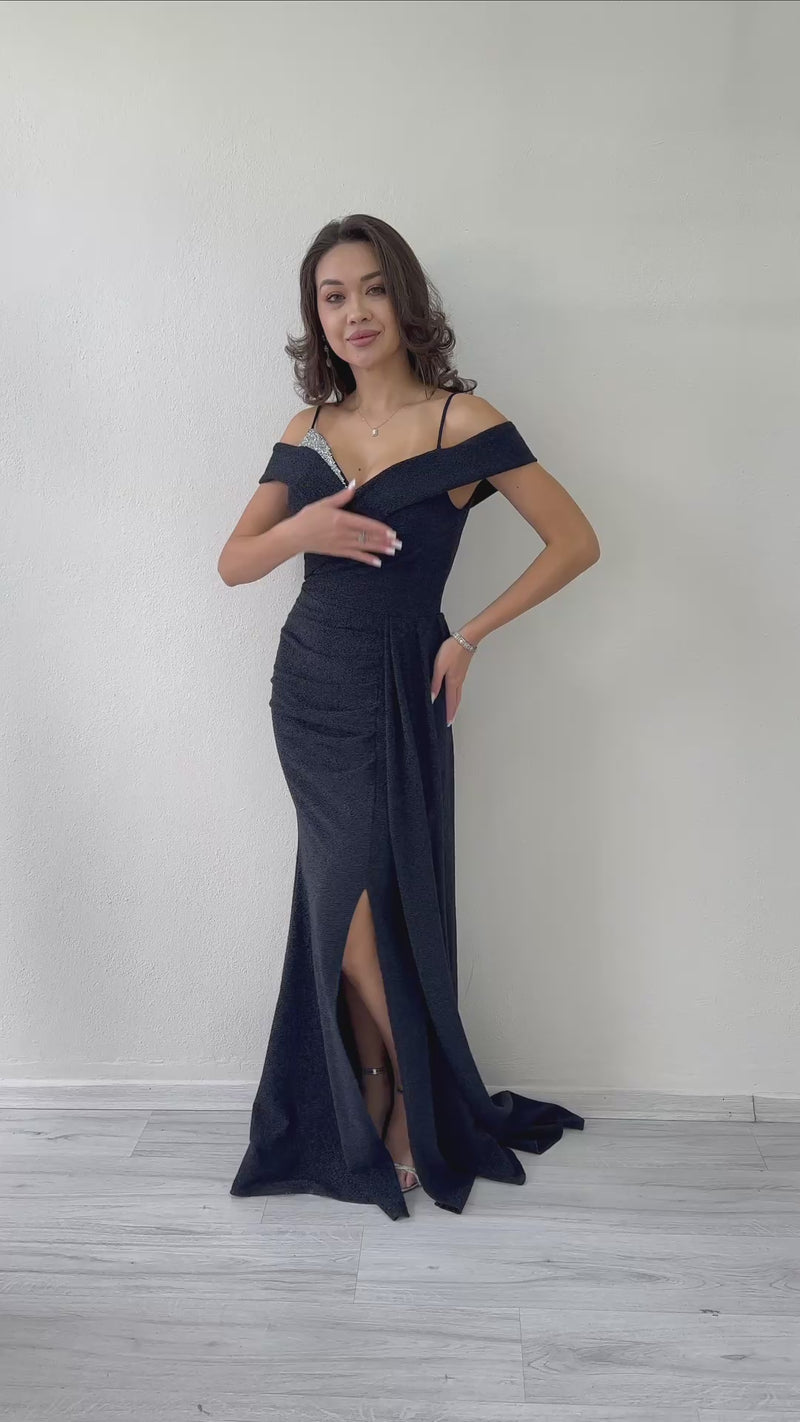 Women's Navy Blue Glitter Strap Off-Shoulder Crystal Embellished Slit Evening Gown