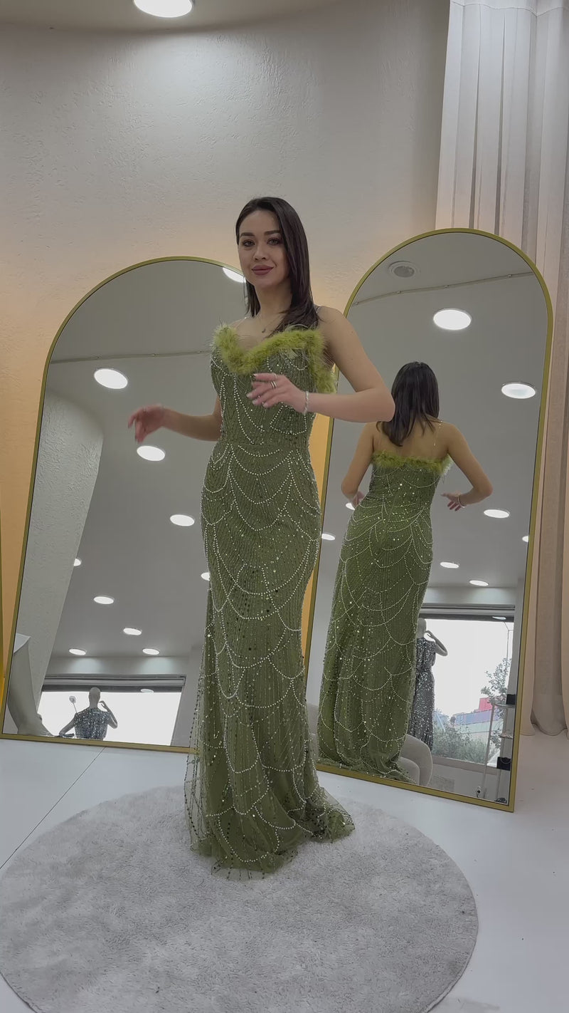 Women's Khaki Strapless Embellished Feather Trim Evening Gown