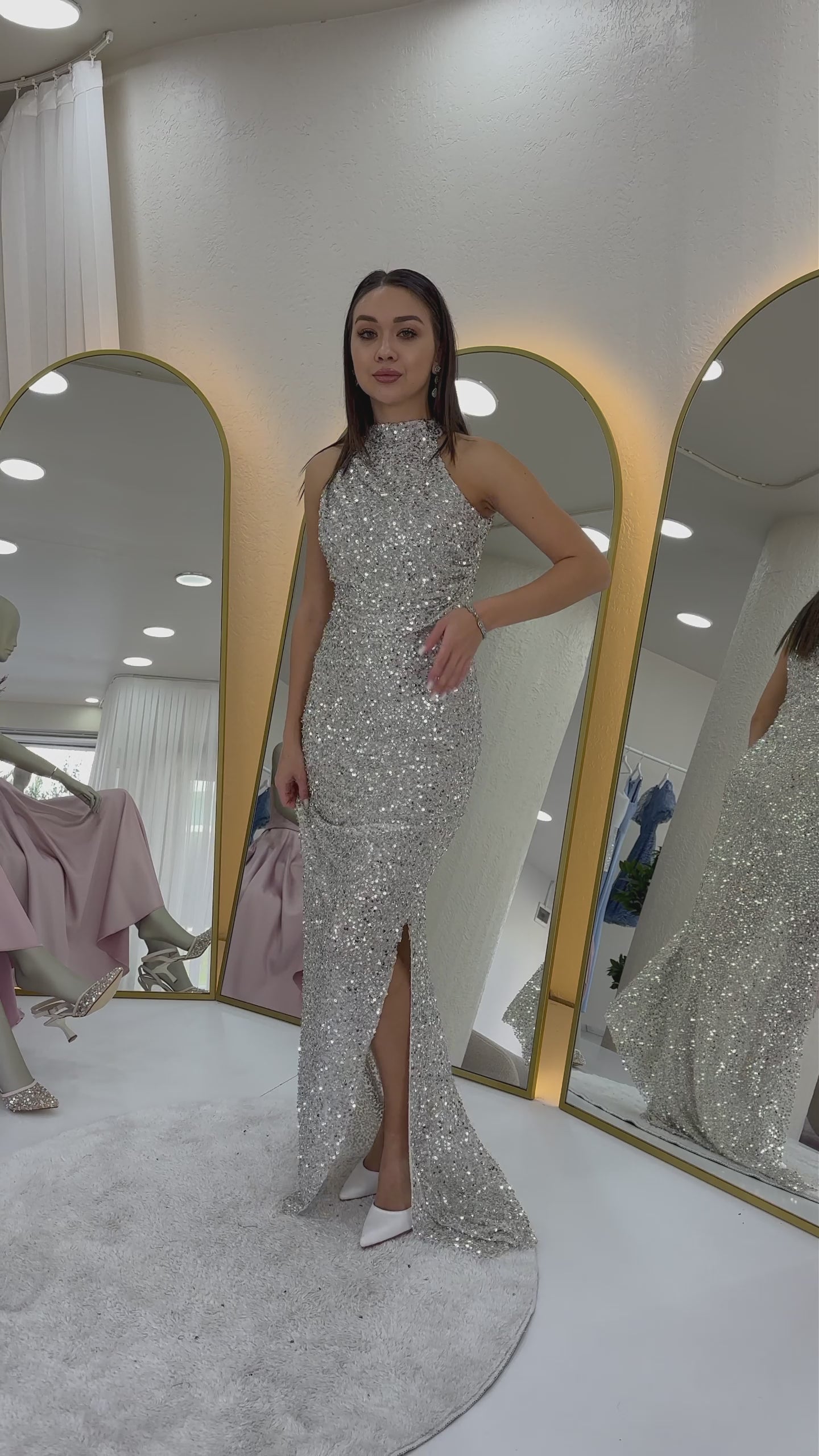 Women's Beige Halter Neck Sequin Train Evening Gown