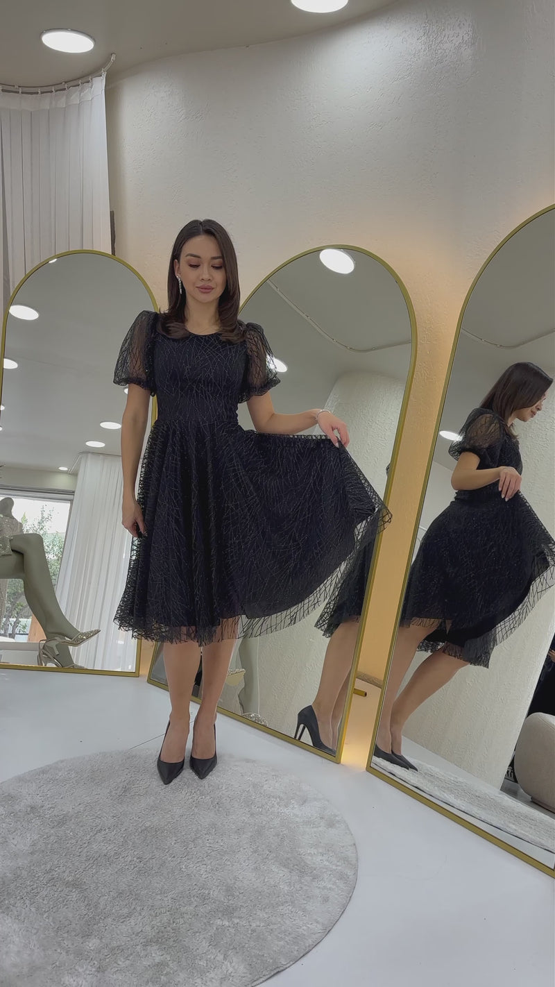 Women's Black Balloon Sleeve Glitter Flared Midi Evening Gown