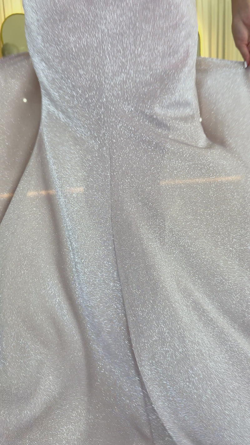 Women's Powder Pink Halter Neck Glitter Drapedd Slit Evening Gown