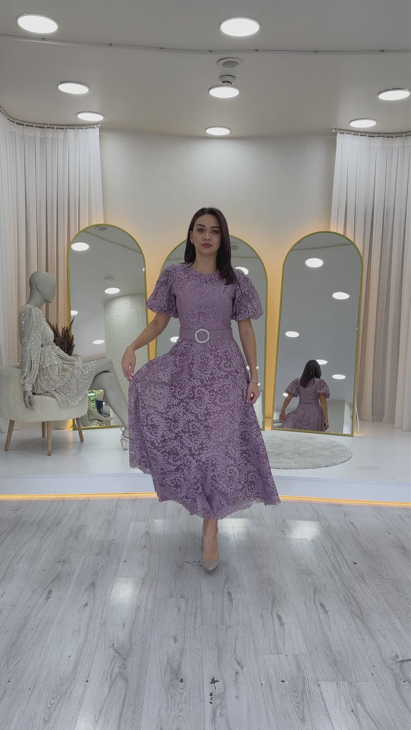 Women's Dusty Rose Balloon Sleeve Maxi Belted Lace Dress